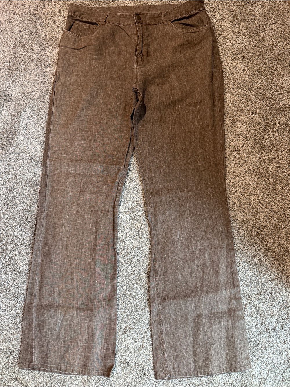 Brown Straight-Leg Linen Pants